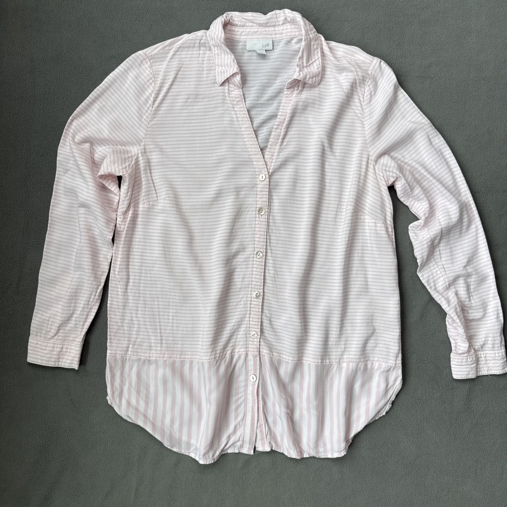 J Jill Shirt Womens Medium Petite White Pink Striped Rayon Long Sleeve Blouse